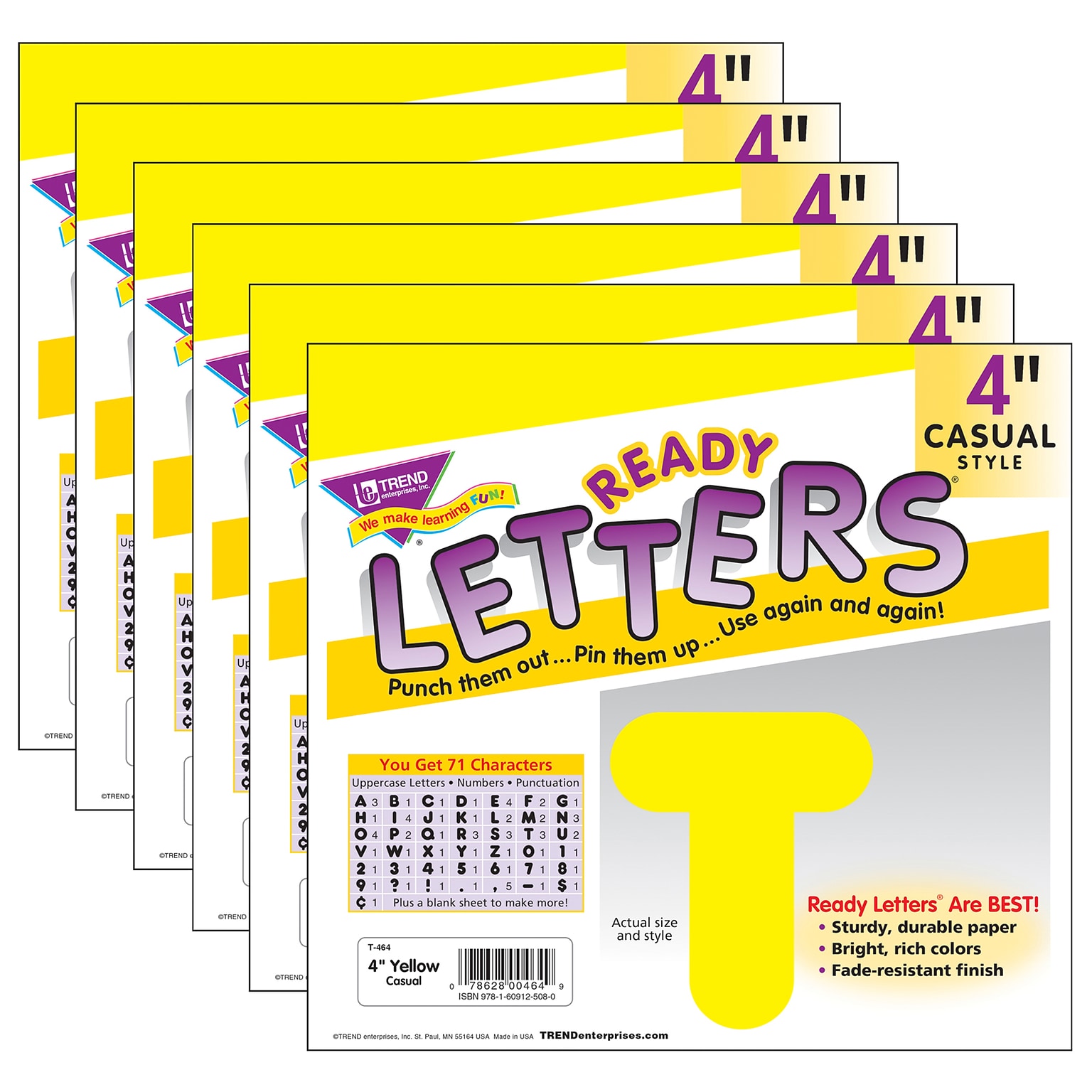 TREND 4 Casual Uppercase Ready Letters, Yellow, 71/Pack, 6 Packs (T-464-6)