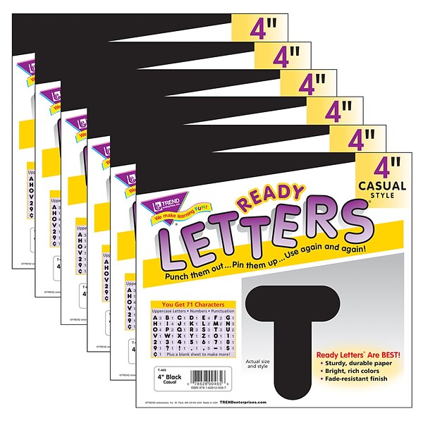 TREND 4 Casual Uppercase Ready Letters®, Black, 71 Per Pack, 6 Packs (T-465-6)