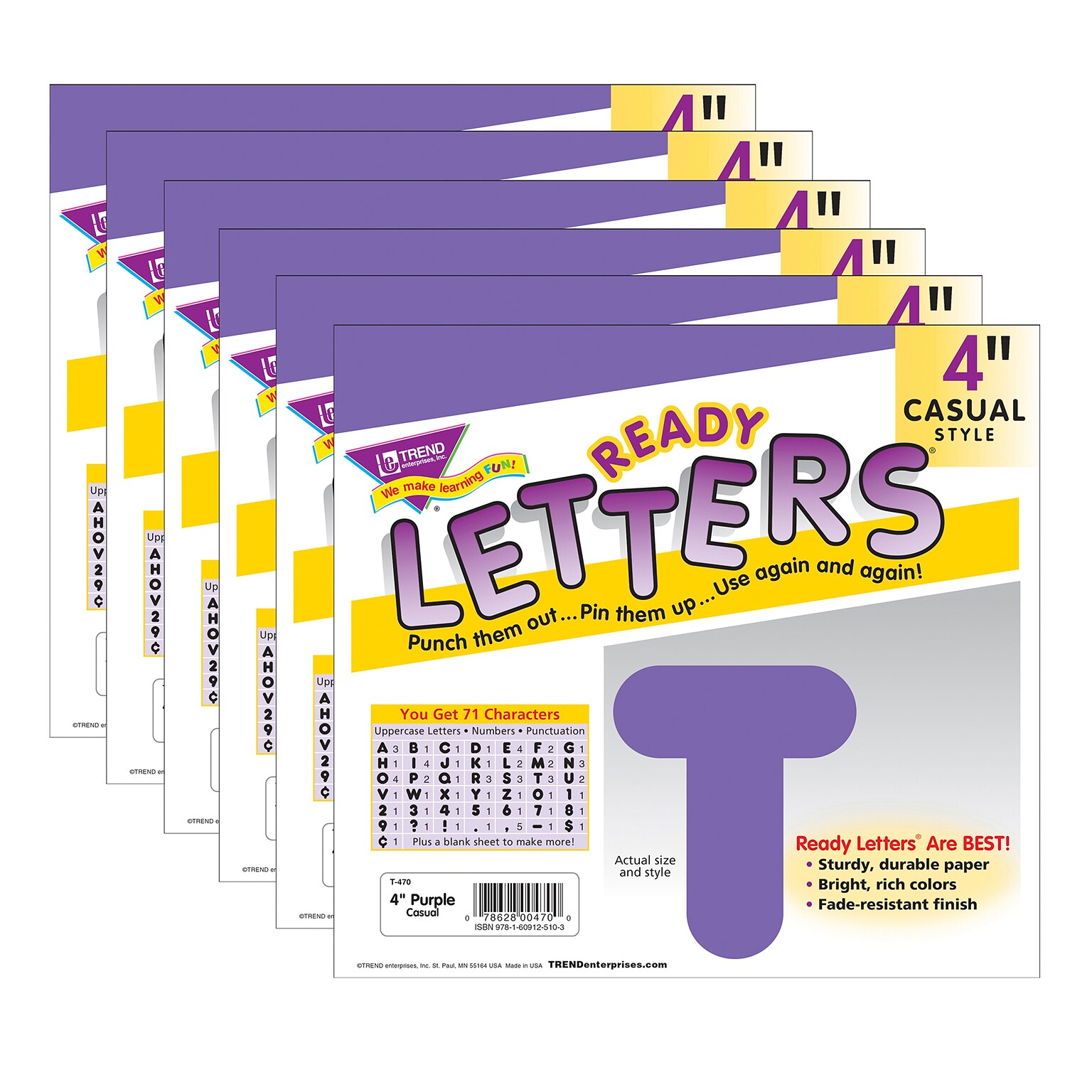 TREND 4 Casual Uppercase Ready Letters, Purple, 71/Pack, 6 Packs (T-470-6)