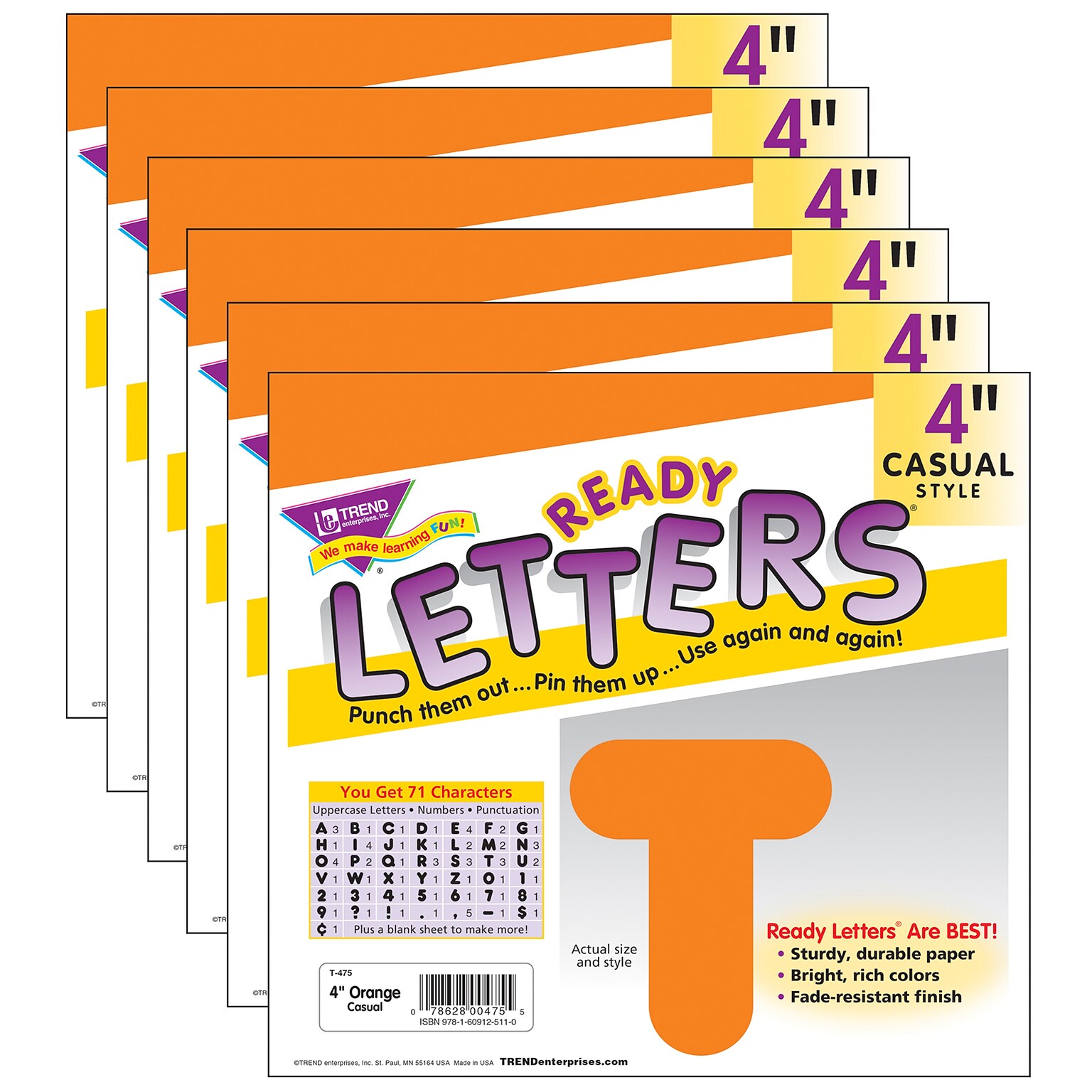 TREND 4 Casual Uppercase Ready Letters, Orange, 71/Pack, 6 Packs (T-475-6)