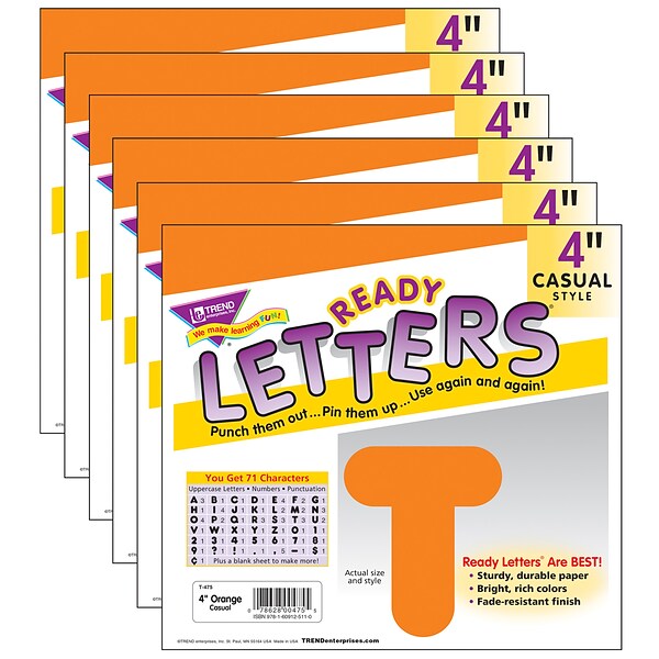 TREND 4 Casual Uppercase Ready Letters®, Orange, 71 Per Pack, 6 Packs (T-475-6)