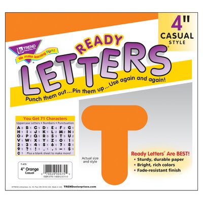TREND 4" Casual Uppercase Ready Letters, Orange, 71/Pack, 6 Packs (T-475-6)
