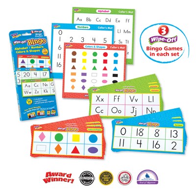 TREND Alphabets, Number, Shapes and Colors Wipe-Off Bingo Cards, Grade PK-2 (T-6601-3)