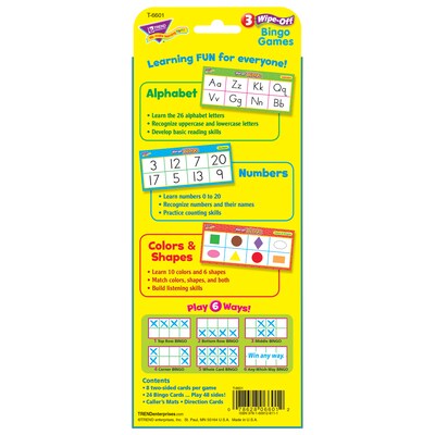 TREND Alphabets, Number, Shapes and Colors Wipe-Off Bingo Cards, Grade PK-2 (T-6601-3)