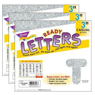 TREND 3 Sparkle Casual Uppercase Ready Letters®, Silver, 140 Per Pack, 3 Packs (T-79007-3)