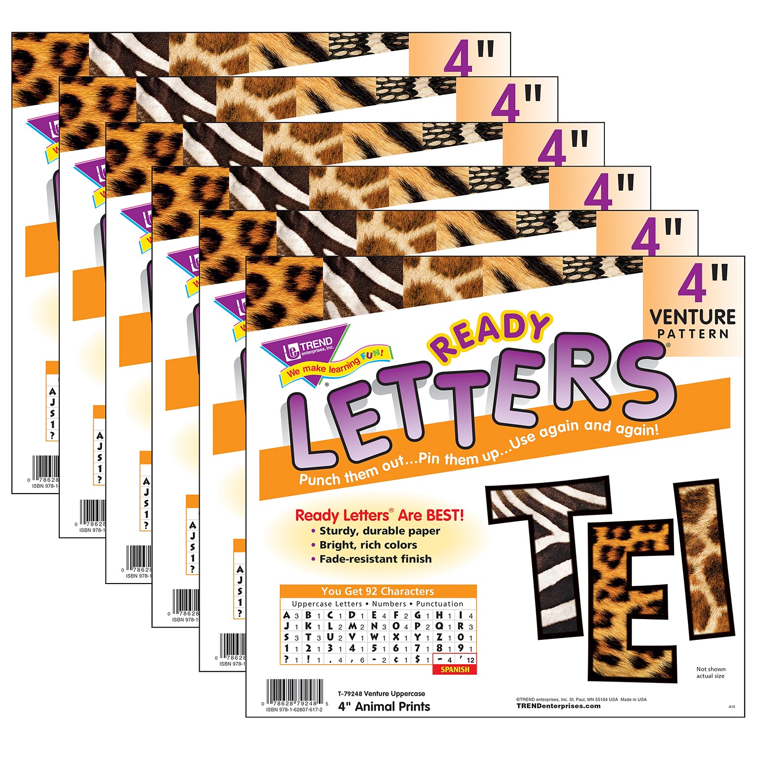 TREND 4 Venture Uppercase Ready Letters®, Animal Prints, 92 Per Pack, 6 Packs (T-79248-6)