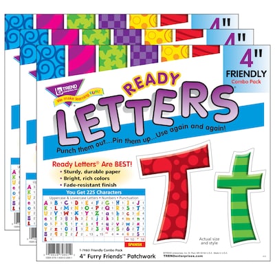 TREND 4 Patchwork Furry Friends Friendly Combo Ready Letters, Multicolored, 225/Pack, 3 Packs (T-79