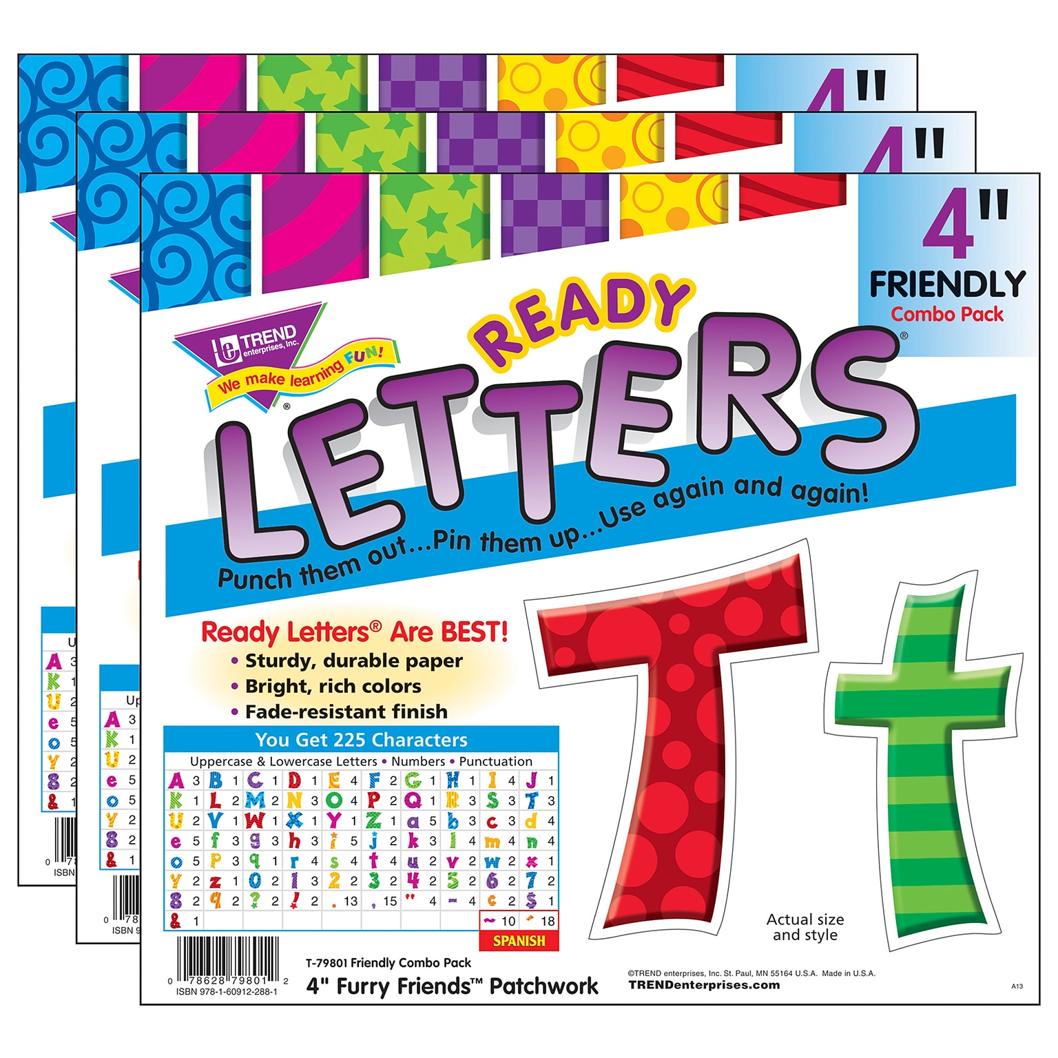 TREND 4 Patchwork Furry Friends Friendly Combo Ready Letters, Multicolored, 225/Pack, 3 Packs (T-79801-3)