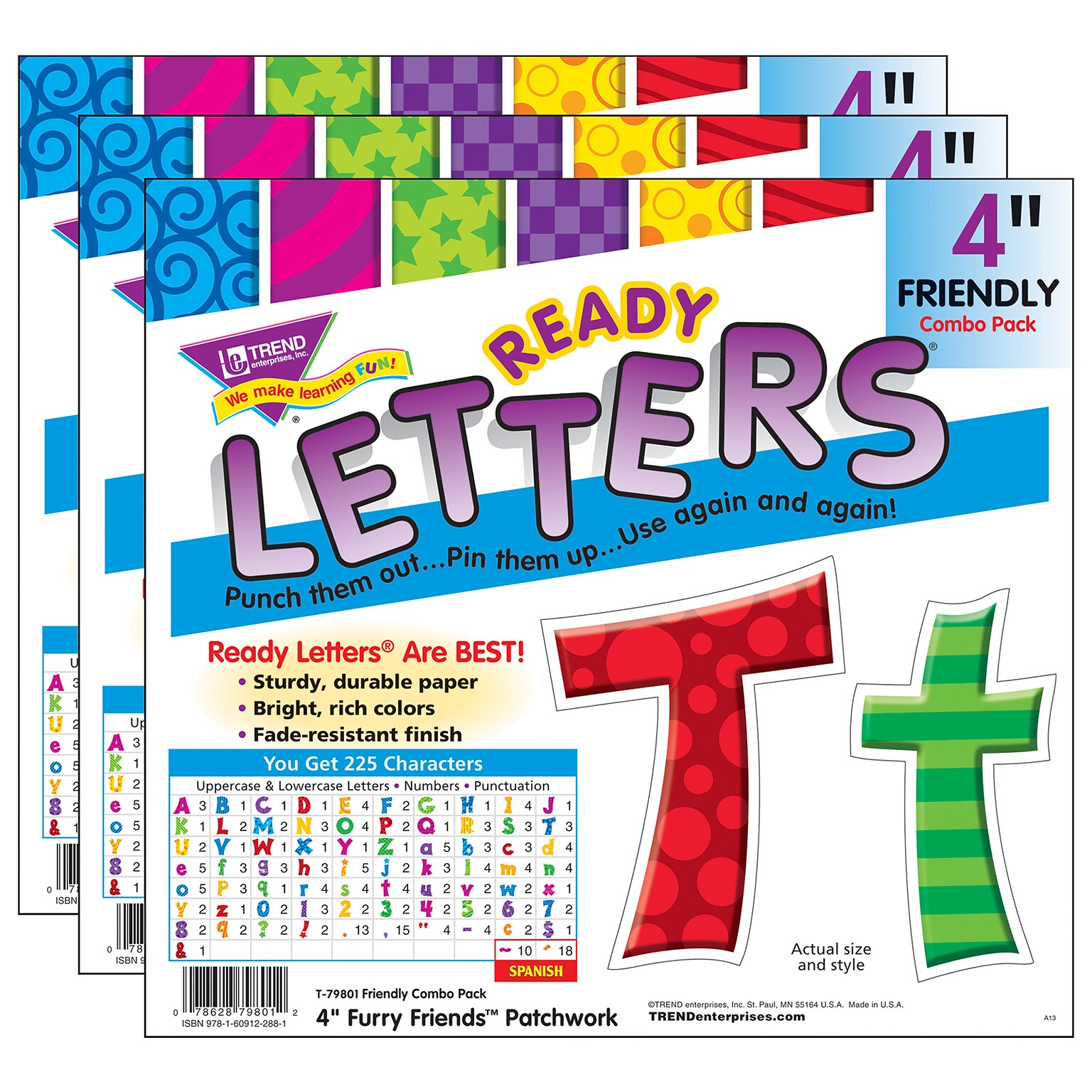 TREND 4 Patchwork Furry Friends Friendly Combo Ready Letters, Multicolored, 225/Pack, 3 Packs (T-79801-3)
