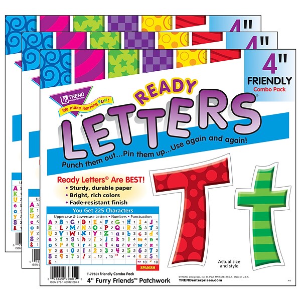 TREND 4 Patchwork Furry Friends® Friendly Combo Ready Letters®, Multicolored, 225 Per Pack, 3 Packs (T-79801-3)