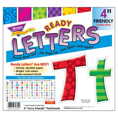 TREND 4" Patchwork Furry Friends Friendly Combo Ready Letters, Multicolored, 225/Pack, 3 Packs (T-79801-3)