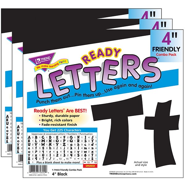 TREND 4 Friendly Combo Ready Letters®, Black, 225 Per Pack, 3 Packs (T-79802-3)