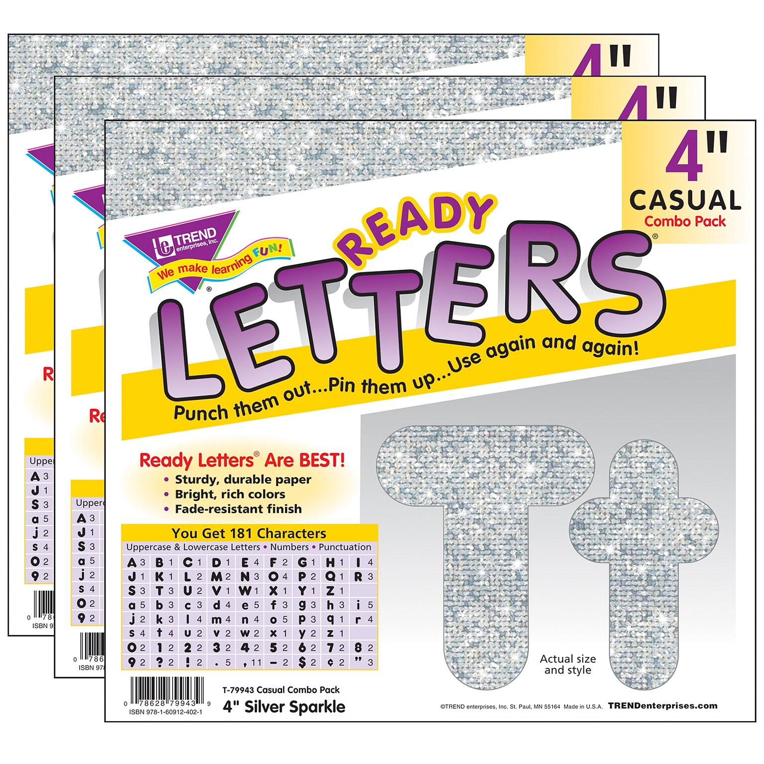 TREND 4 Sparkle Casual Combo Ready Letters, Silver, 182/Pack, 3 Packs (T-79943-3)