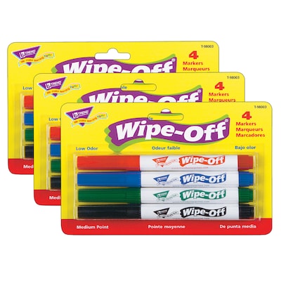 TREND Wipe-Off® Markers, Medium Point, Standard Colors, 4 Per Pack, 3 Packs (T-98003-3)