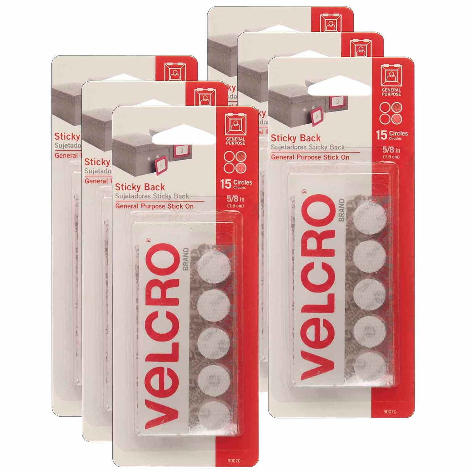 VELCRO® Sticky Back™ 5/8 Diameter, Round Hook & Loop Fastener, White, 15 Per Pk/6 Sets (VEC90070-6)