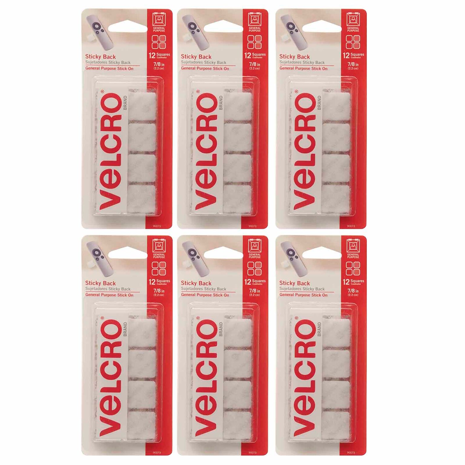VELCRO® Sticky Back™ 7/8 x 7/8, Square Hook & Loops Fasteners, White, 12 Per Pk/6 Sets (VEC90073-6)