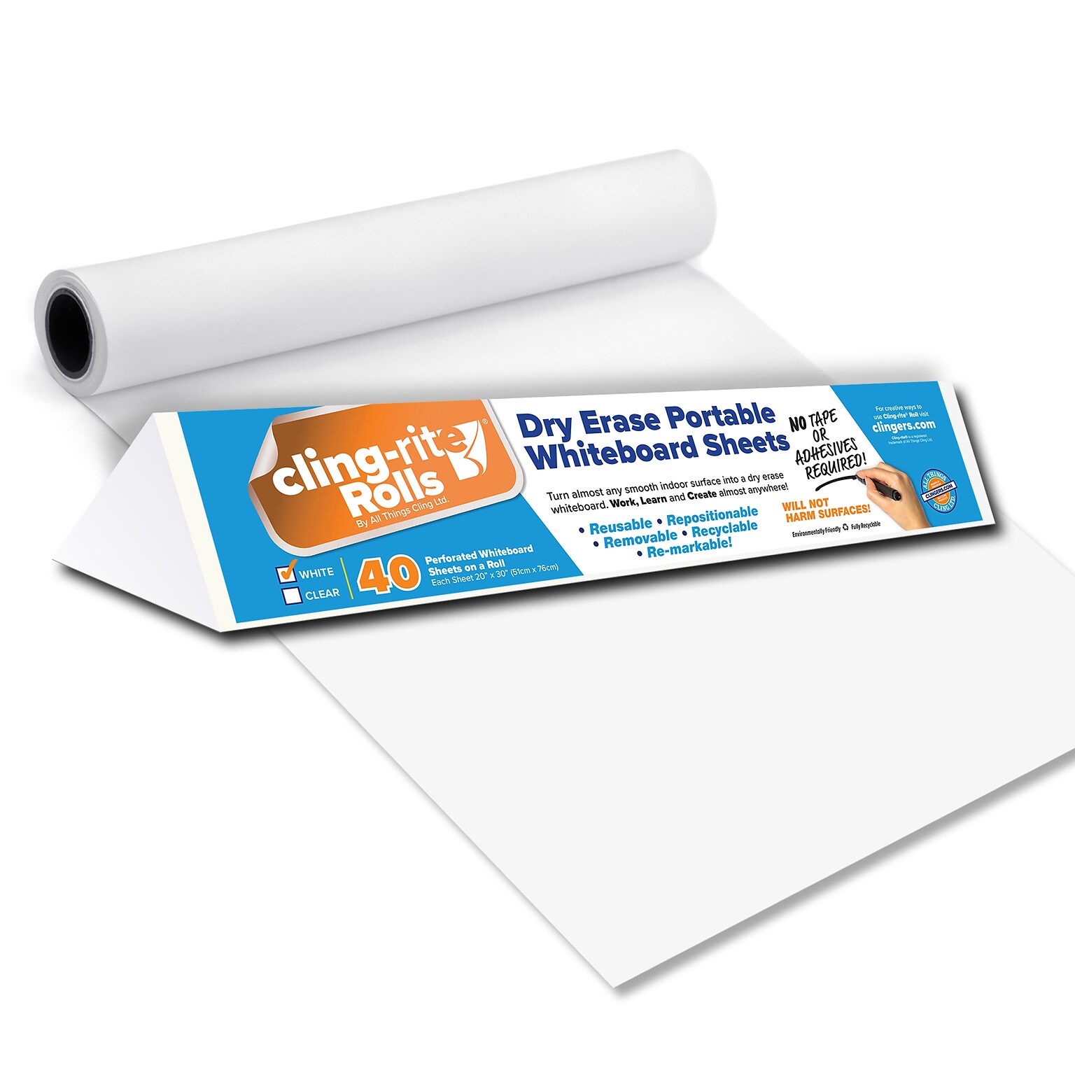 Cling-rite Removable Dry Erase Sheets Roll, 100 Roll, White (CGS1003CLINGRITE)