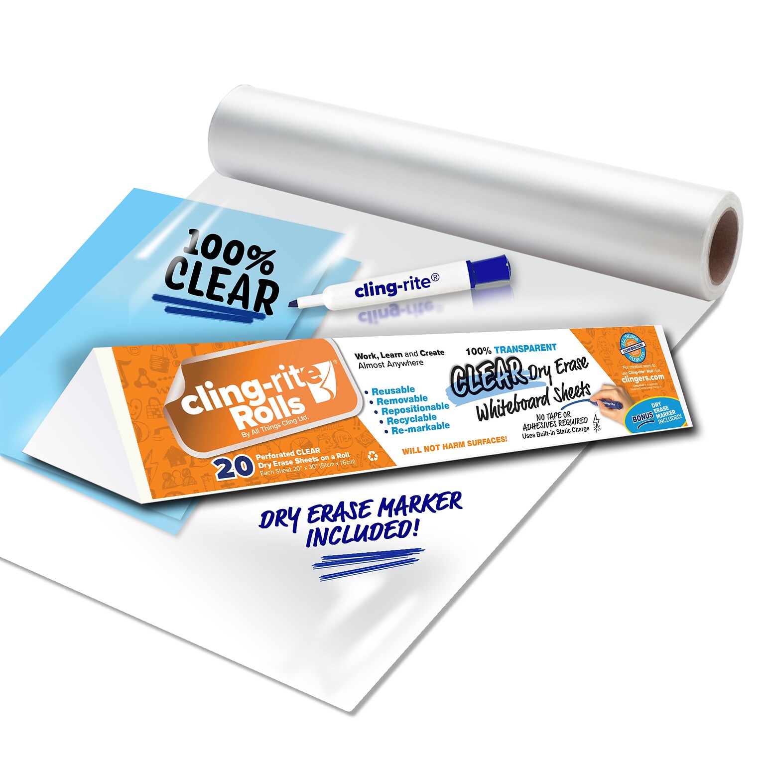 Cling-rite Removable Dry Erase Roll with Marker, 50 Roll, Clear (CGS1004CLINGRIT)