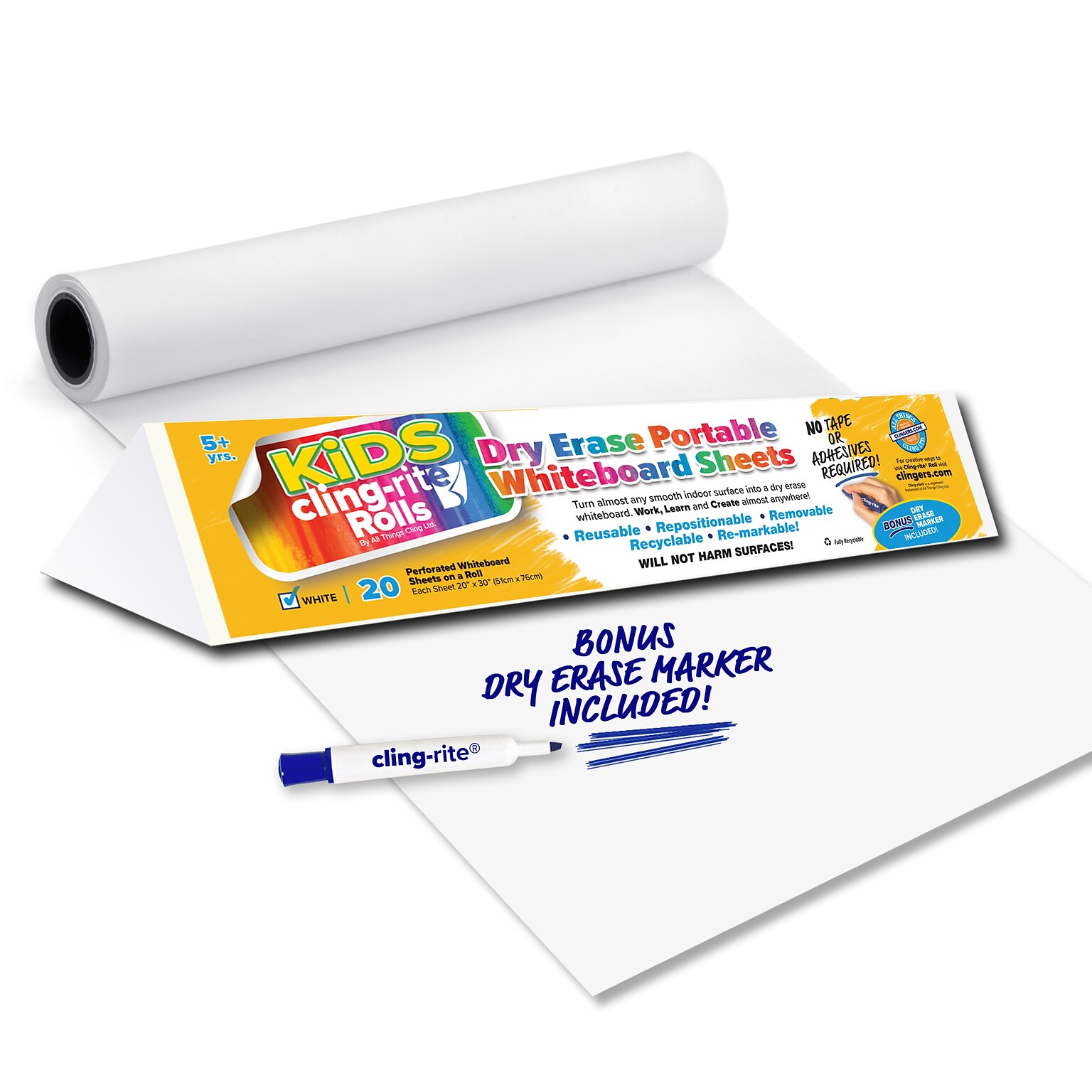 Kids Cling-rite Removable Dry Erase Roll with Marker, 50 Roll, White (CGS1005CLINGRIT)