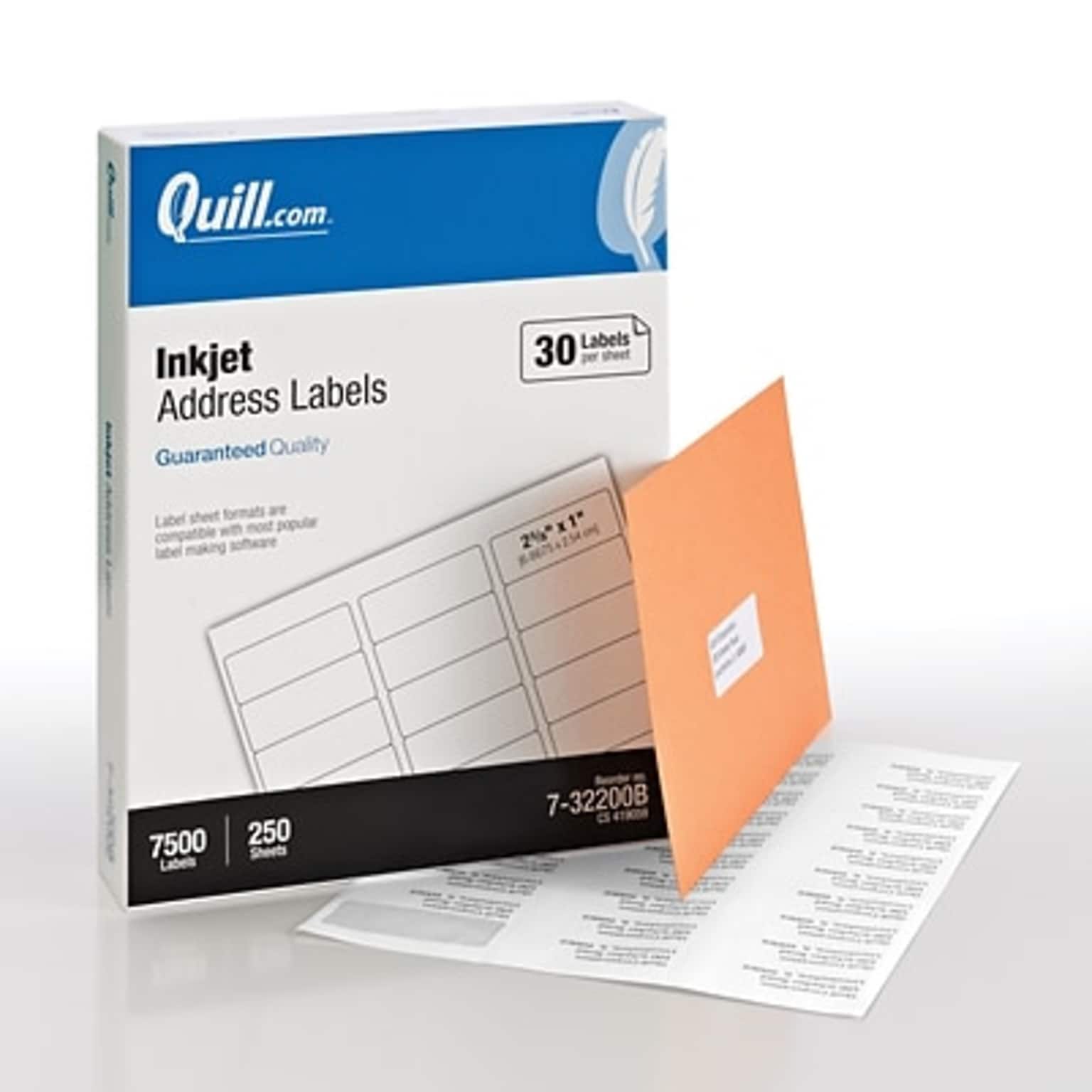 Quill Brand® Inkjet Address Labels, 1 x 2-5/8, White, 30 labels/Sheet, 250 Sheets/Box (Comparable to Avery 8160)