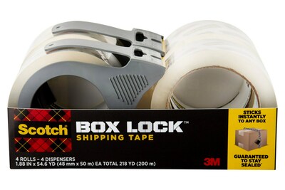 Scotch® Box Lock™ Shipping Packing Tape with Refillable Dispensers, Clear, 1.88 in x 54.6 yd, 4 Roll