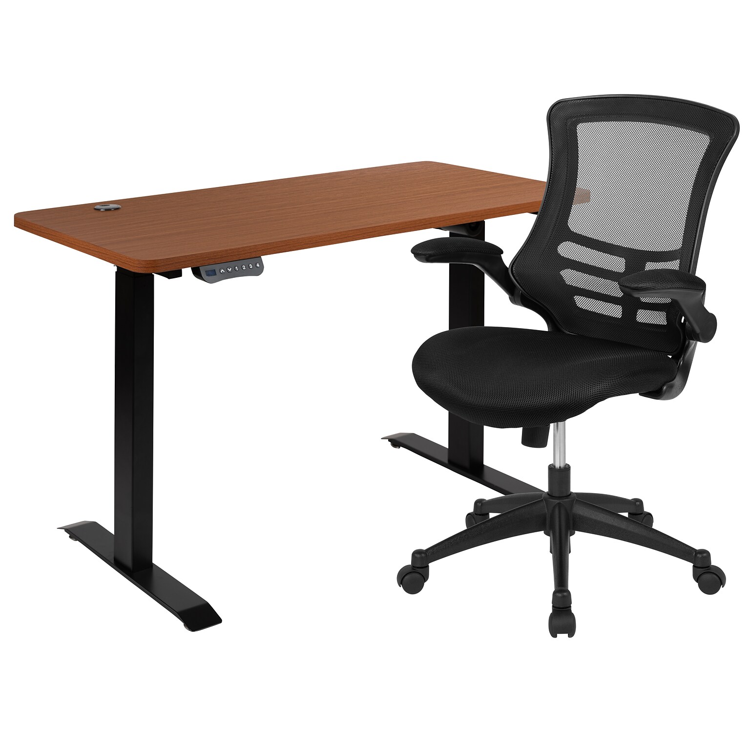 Flash Furniture Electric 27H - 44H Adjustable Standing Black Desk with Black Mesh Task Office Chair, Mahogany (BNBLX5STDR)
