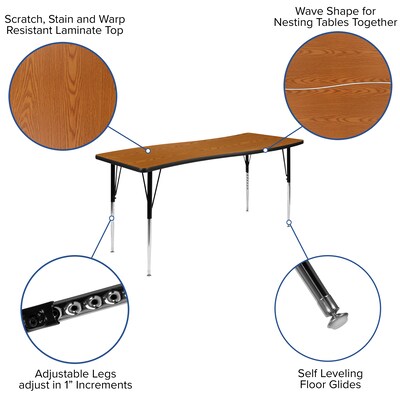 Flash Furniture Emmy Oval Wave Activity Table Set, 60" x 86", Height Adjustable, Oak/Black (XUG16C306C60OTA)