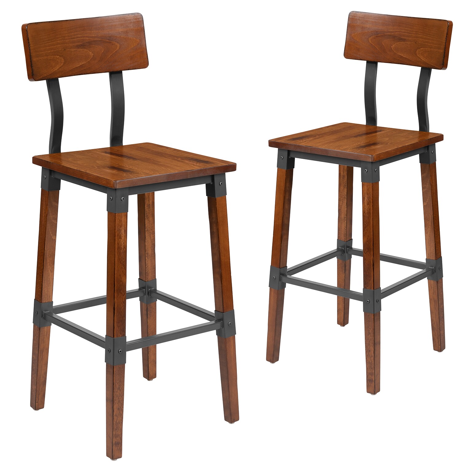 Flash Furniture Jackson Industrial Wood Rectangular Back Dining Barstool, Rustic Antique Walnut, 2-Pieces/Pack (2XUDGW0236B)