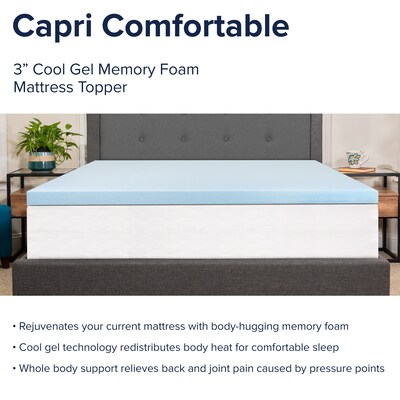 Flash Furniture Capri Comfortable Sleep Queen Size Cool Gel Memory Foam Mattress Topper, Blue, 60" x 80" x 3" (MRM353Q)