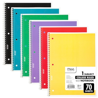 Mead 1 Subject Spiral Notebook, 10 1/2 x 7 1/2, College Ruled, 70 Sheets, Assorted Colors, 6/Pack