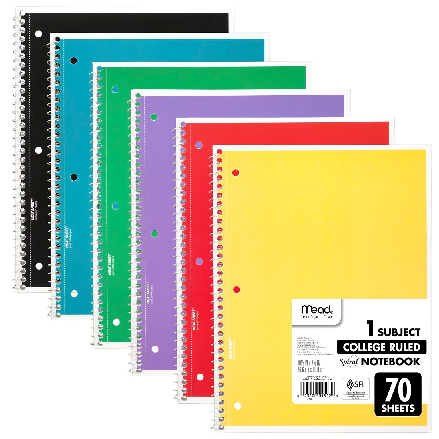 Mead 1 Subject Spiral Notebook, 10 1/2 x 7 1/2, College Ruled, 70 Sheets, Assorted Colors, 6/Pack