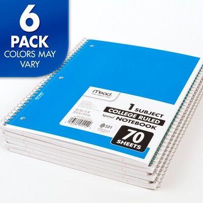 Mead 1 Subject Spiral Notebook, 10 1/2" x 7 1/2", College Ruled, 70 Sheets, Assorted Colors, 6/Pack