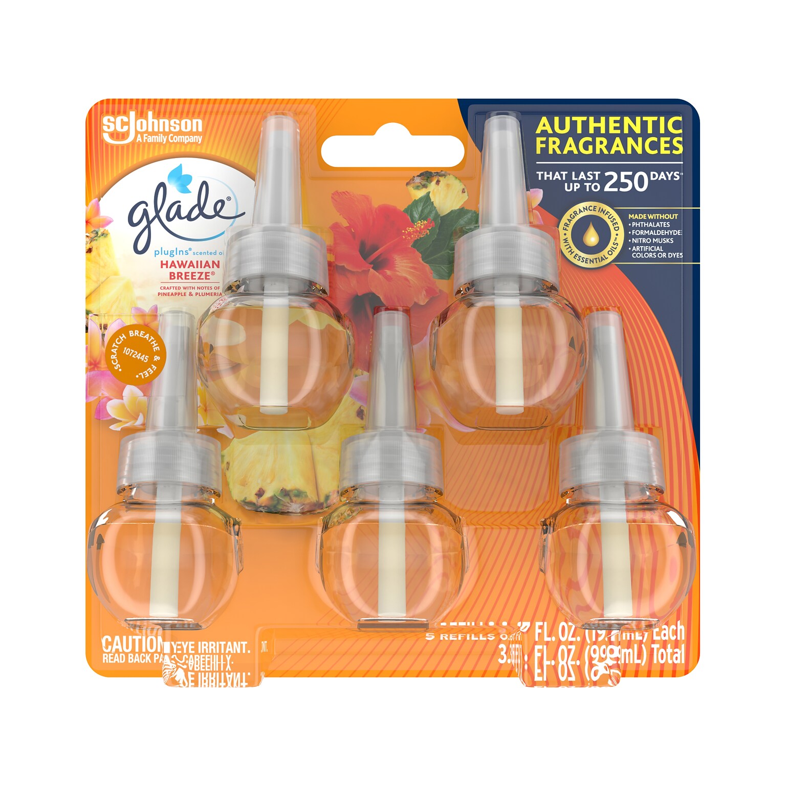 Glade PlugIns Scented Oil Warmer Refill, Hawaiian Breeze, 0.67 Fl. Oz., 5/Pack (315181EA)