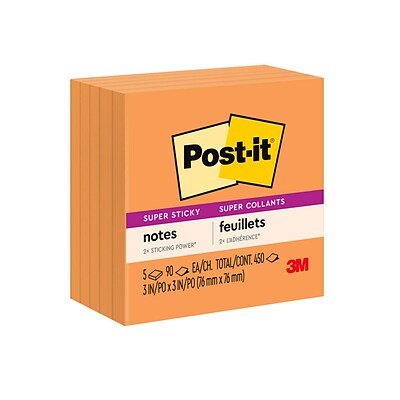 Post-it® Super Sticky Notes, 3 x 3, Neon Orange, 90 Sheets/Pad, 5 Pads/Pack (654-5SSNO)