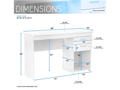 Techni Mobili 48" Writing Desk, White (RTA-913D-WHT)