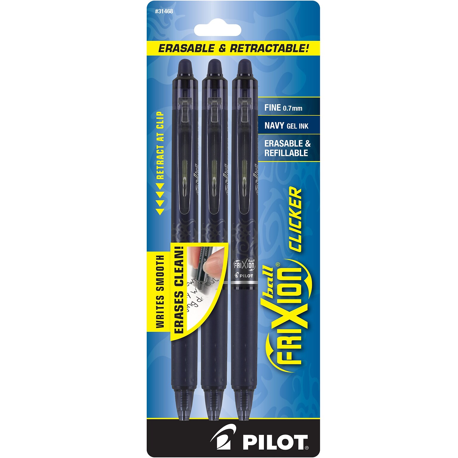 Pilot FriXion Ball Clicker Erasable Gel Pens, Fine Point, 0.7mm, Blue Ink, 3/Pack (31468)