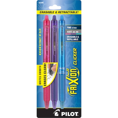 Pilot FriXion Ball Clicker Erasable Gel Pen, Fine Point, Assorted Ink, 3/Pack (31469)