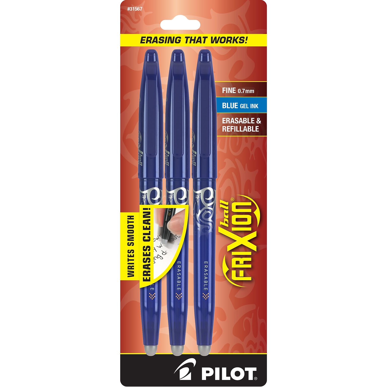 Pilot FriXion Ball Erasable Gel Pens, Fine Point, Blue Ink, 3/Pack (31567)