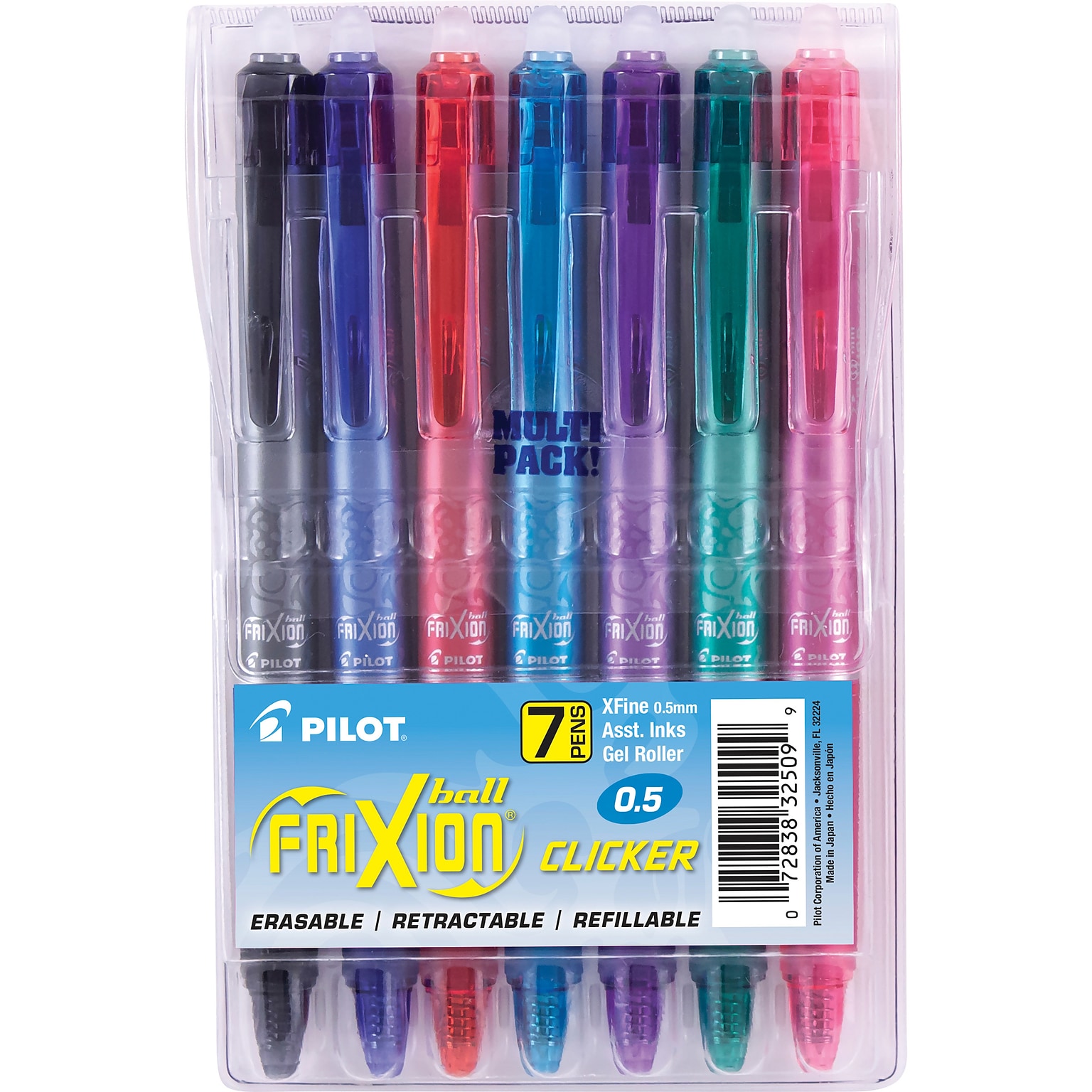 Pilot FriXion Ball Clicker Erasable Gel Pens, Extra Fine Point, Assorted Ink, 7/Pack (32509)