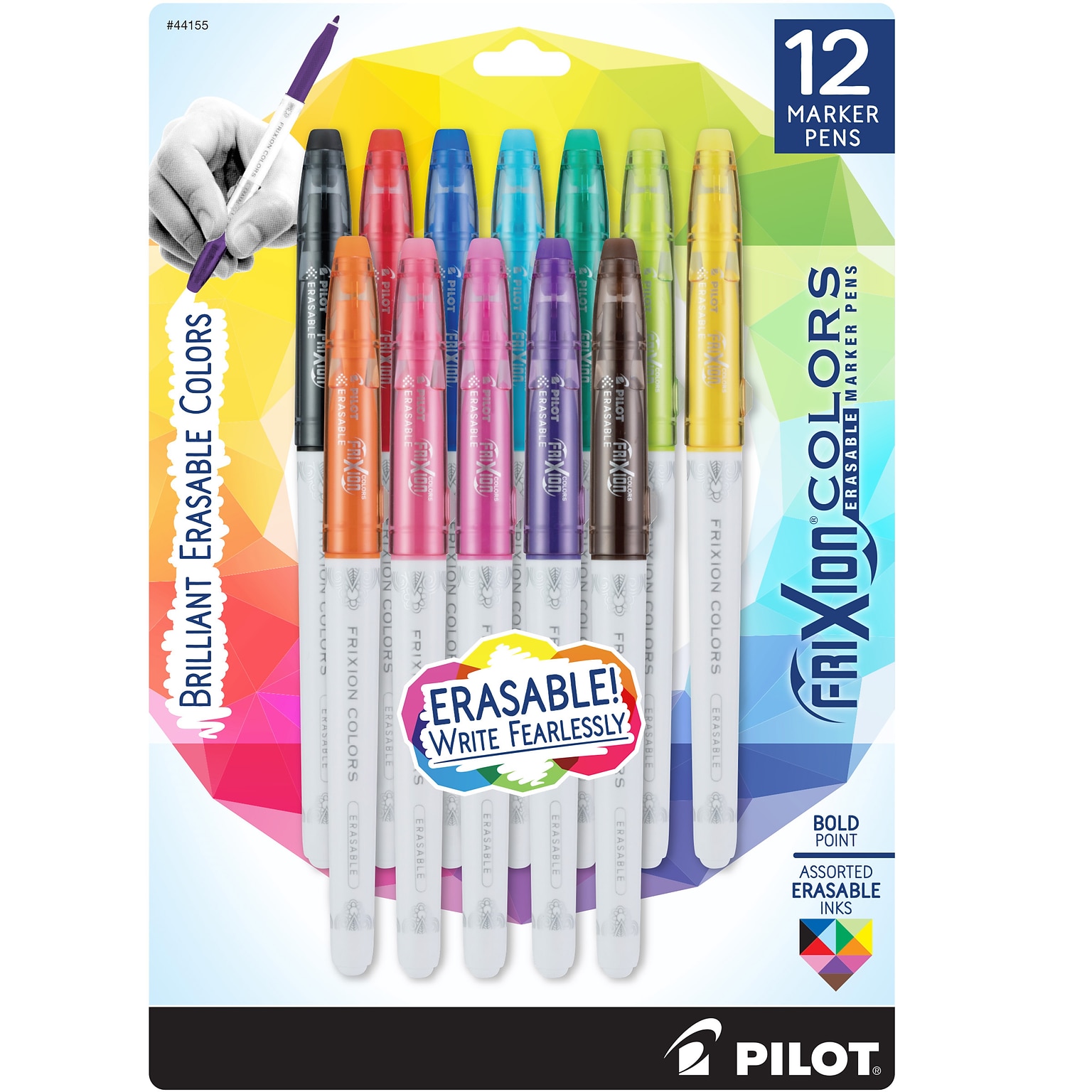 Pilot FriXion Colors Erasable Marker Pens, Bold Point, Assorted Ink, Dozen (44155)
