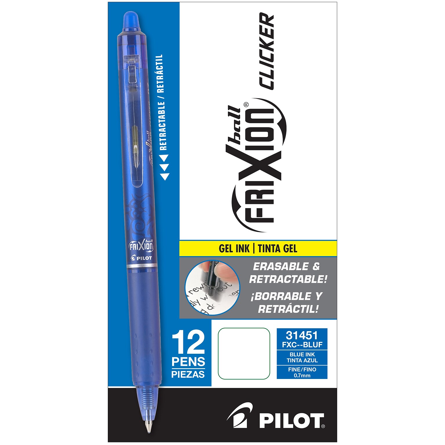 Pilot FriXion Ball Clicker Erasable Gel Pens, Fine Point, 0.7mm, Blue Ink, Dozen (31451)