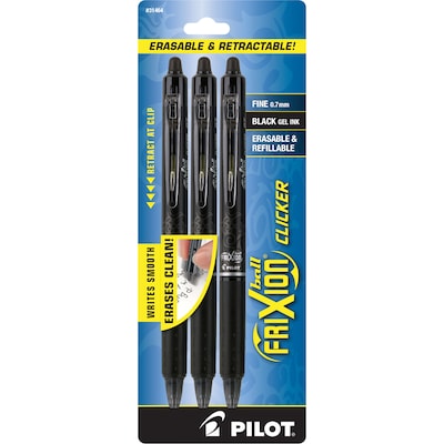 Pilot FriXion Ball Clicker Erasable Gel Pens, Fine Point, Black Ink, 3/Pack (31464)