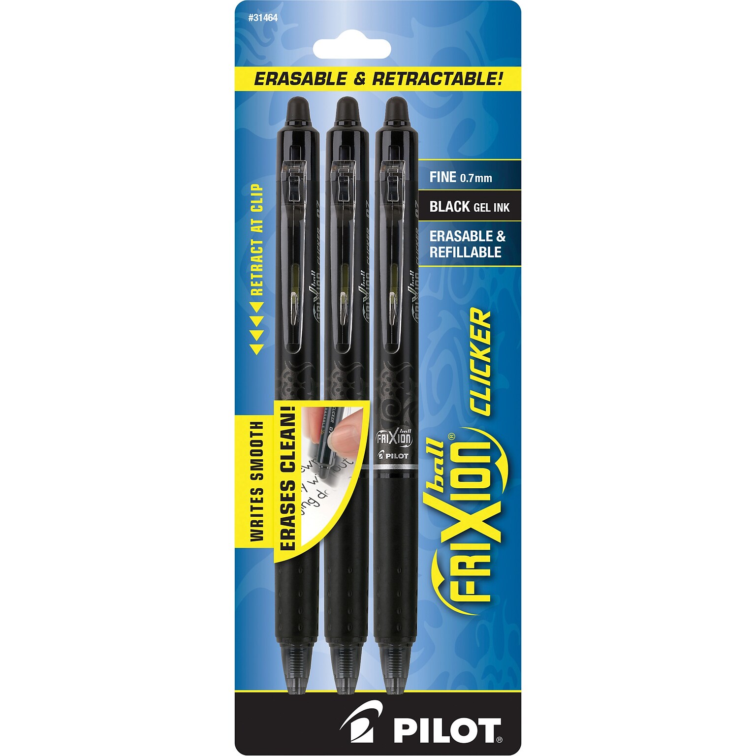 Pilot FriXion Ball Clicker Erasable Gel Pens, Fine Point, 0.7mm, Black Ink, 3/Pack (31464)