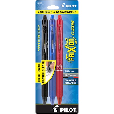 Pilot FriXion Ball Clicker Erasable Gel Pens, Fine Point, Assorted Ink,  3/Pack (31467)