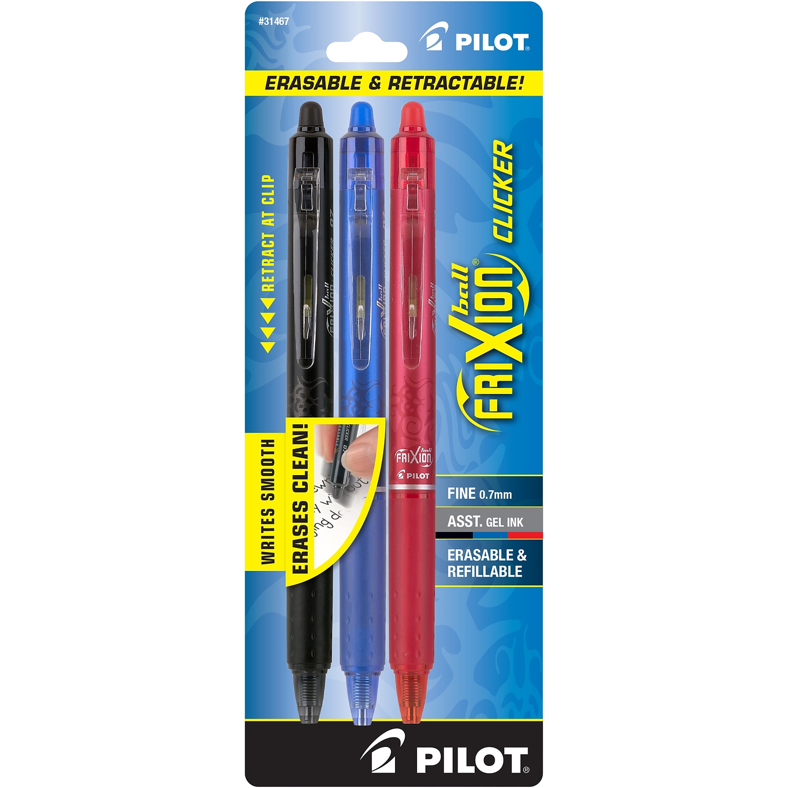 Pilot FriXion Ball Clicker Erasable Gel Pens, Fine Point, Assorted Ink, 3/Pack (31467)