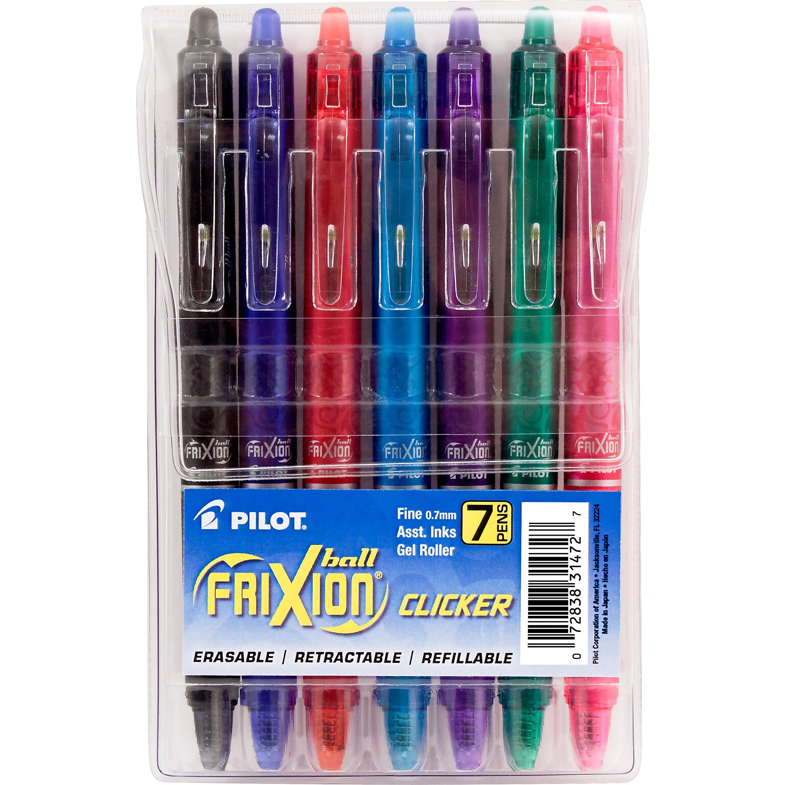 Pilot FriXion Ball Clicker Erasable Gel Pens, Fine Point, 0.7mm, Assorted Ink, 7/Pack (31472)