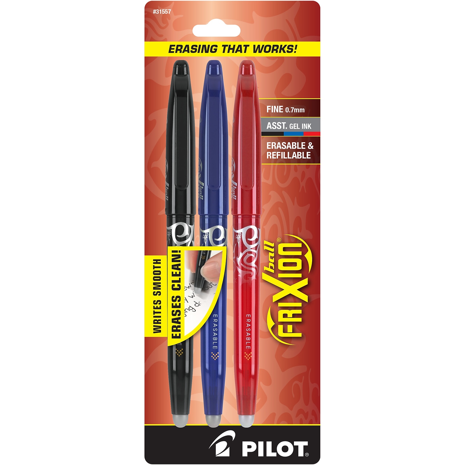 Pilot FriXion Ball Erasable Gel Pens, Fine Point, Assorted Ink, 3/Pack (31557)