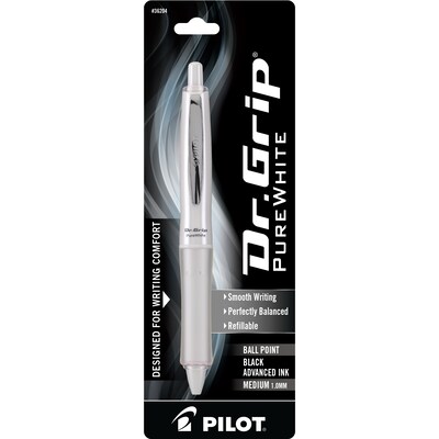 Pilot Dr. Grip PureWhite Retractable Ballpoint Pen, Medium Point, Black Ink, Clear Accents (36204)
