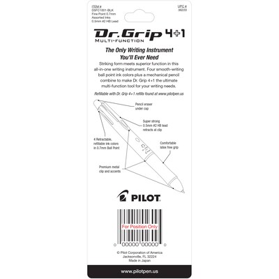 Pilot Dr. Grip 4 + 1 Multi-Function Pen + Pencil, Fine Point, 4 Assorted Inks (36220)