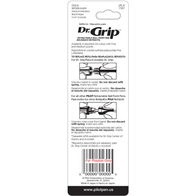 Pilot Dr. Grip Ballpoint Pens Refill, Medium Point, Black Ink, 2/Pack (77227)